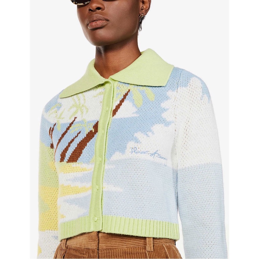 HOUSE OF SUNNY Lime Green Blue Tropical Knit Cropped Collared Cardigan Sweater - Picture 17 of 17